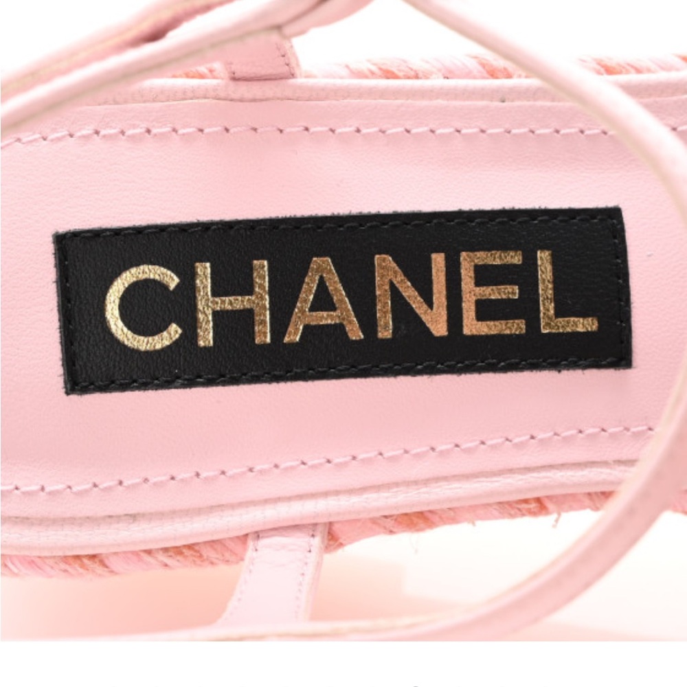 CHANEL 
Lambskin Grosgrain CC Espadrilles Wedges 38 Pink Black - Picture 8 of 8